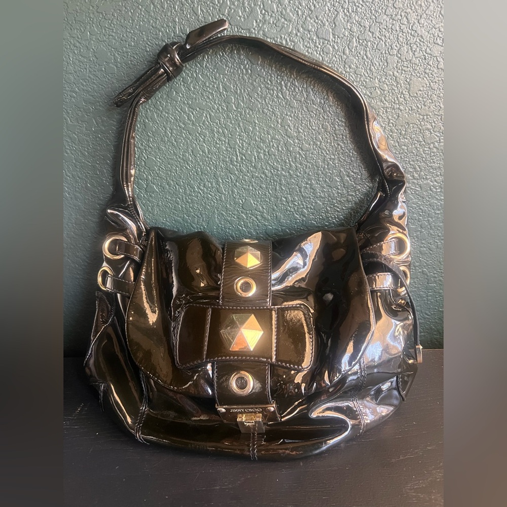 Jimmy Choo Patent Leather Black Dark Green Hobo Metallic Shoulder Bag